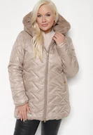 Kurtki damskie - Ciemnobeżowa Pikowana Kurtka z Kapturem Ocieplana Futerkiem Lealinea - miniaturka - grafika 1