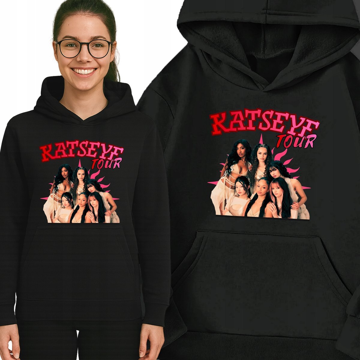Bluza Czarna Z Kapturem KATSEYE Y2K Muzyka K-pop Idolki Na Prezent - L Wz