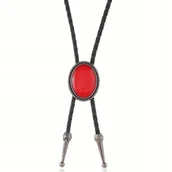 Krawaty i muchy męskie - BOLO KRAWAT Kowbojski naszyjnik TEXAS rzemyk medalion CZERWONY KAMIEŃ retro - miniaturka - grafika 1