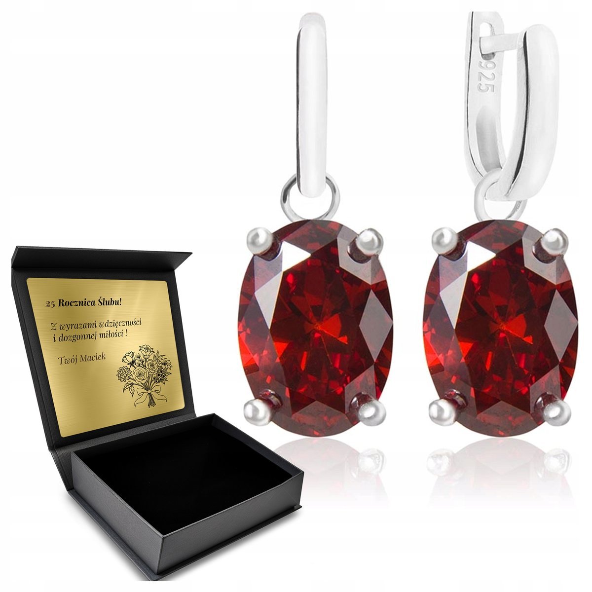 Kolczyki Srebrne 925 Z Granatem Biżuteria Dla Kobiety + Grawer