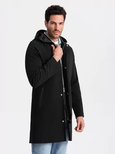 Kurtki męskie - Męski płaszcz z kapturem w delikatny prążek - czarny V2 OM-COSC-0112 - grafika 1