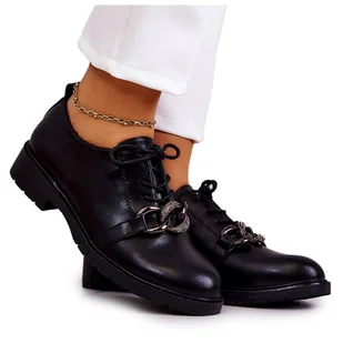 S.Barski Skórzane Półbuty Wiązane Z Ozdobą Czarne Larosa - Półbuty damskie - miniaturka - grafika 1