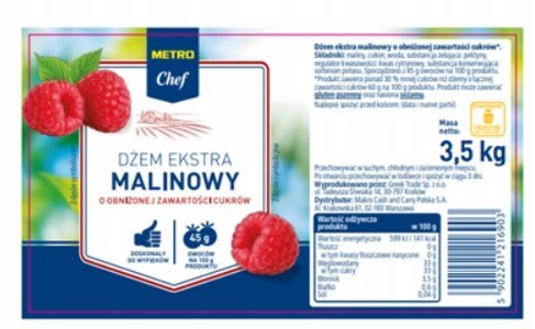 METRO Chef Dżem ekstra malinowy o obniżonej zawartości cukrów 3,5 kg