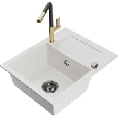 Zlewozmywaki z baterią - Mexen Enzo zlewozmywak granitowy 1-komorowy z ociekaczem i baterią kuchenną Flora, biały - miniaturka - grafika 1