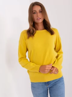 Swetry damskie - Sweter klasyczny żółty casual dekolt okrągły rękaw długi - grafika 1