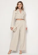 Komplety damskie - Beżowy Komplet Garniturowy z Krótką Marynarką i Spodniami z Paskiem Verithia - miniaturka - grafika 1