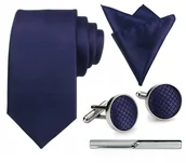 Krawaty i muchy męskie - Zestaw męski w pudełku - krawat + poszetka + spinki do mankietów + spinka do krawata GRANATOWY - miniaturka - grafika 1