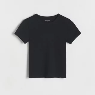 Koszulki dla dziewczynek - Reserved - Bawełniany t-shirt w prążki - Czarny - grafika 1
