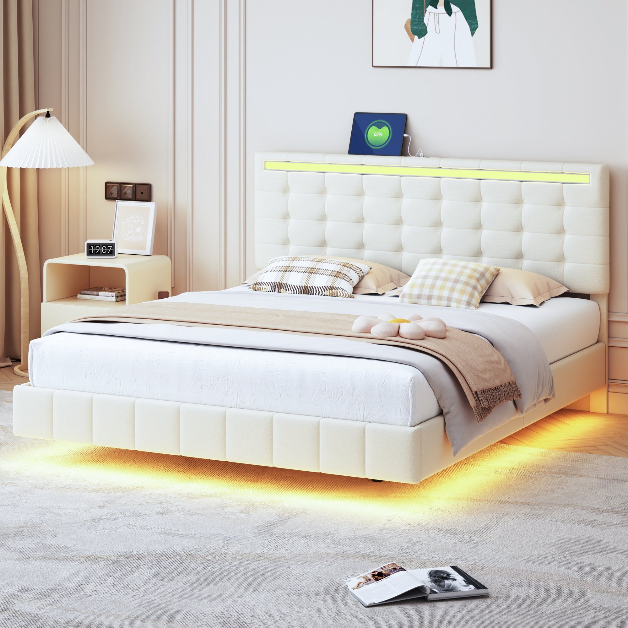 Łóżko tapicerowane Merax 160x200 cm z oświetleniem LED i wtyczką USB, podwójne łóżko z ruchomą ramą łóżka i zagłówkiem o regulowanej wysokości, drewniane łóżko młodzieżowe, funkcjonalna pościel, beżowy