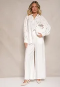 Komplety damskie - Biały Komplet z Wiskozy Koszula Zdobiona Haftem i Szerokie Spodnie Hanarella - miniaturka - grafika 1