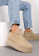 Śniegowce damskie - Ciemnobeżowe Śniegowce w Stylu Sneakersów z Futerkiem na Platformie Mavione - miniaturka - grafika 1