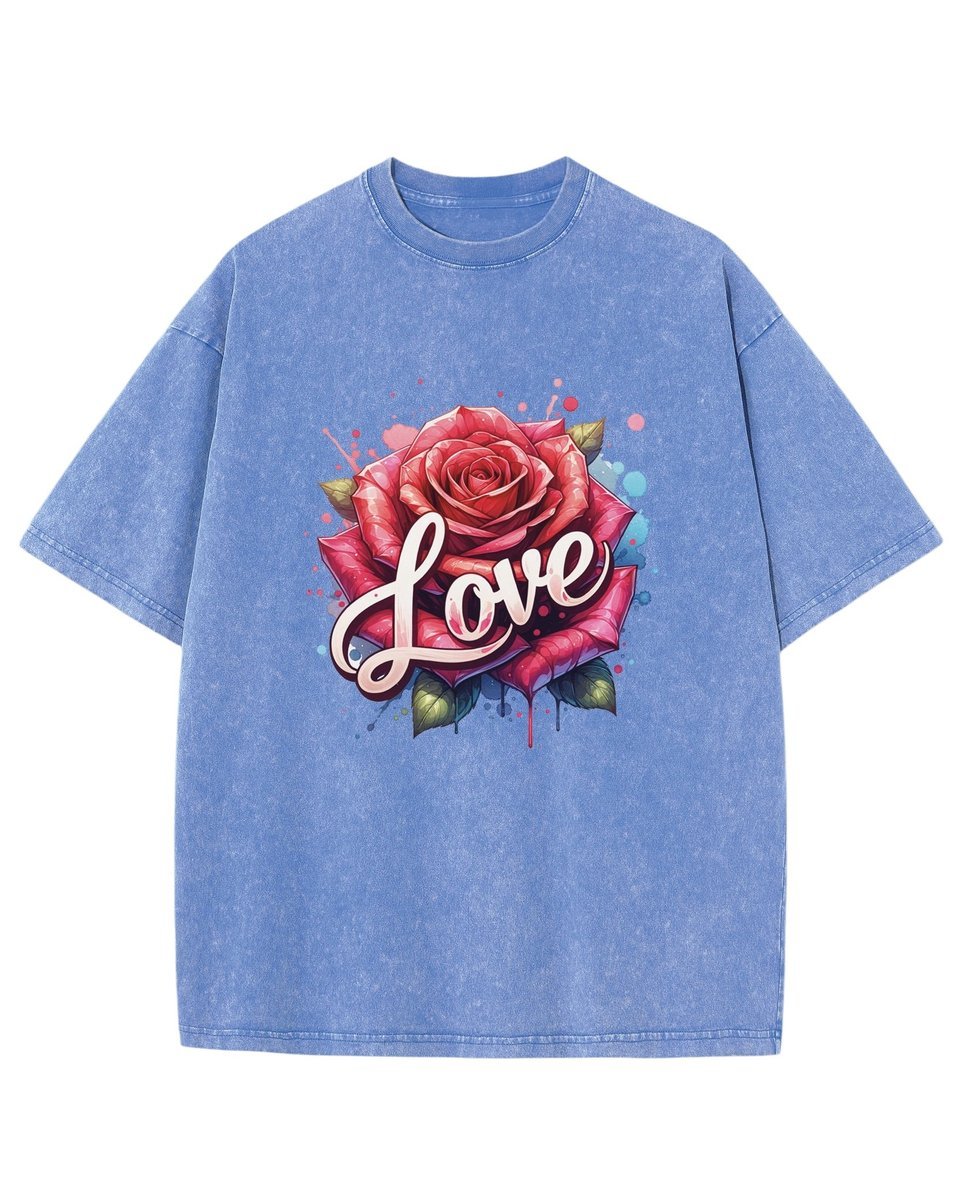 Damska koszulka oversize efekt sprania Miłość Love Kwiaty Róża Błękitna S