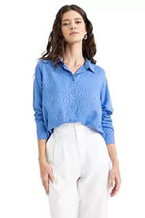 Koszule damskie - DeFacto Koszula damska z tkaniny bawełnianej z długimi rękawami, niebieski, XL - grafika 1