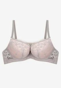 Szaro-Różowy Biustonosz Push Up Ozdobiony Koronką Sannel - Biustonosze - miniaturka - grafika 1