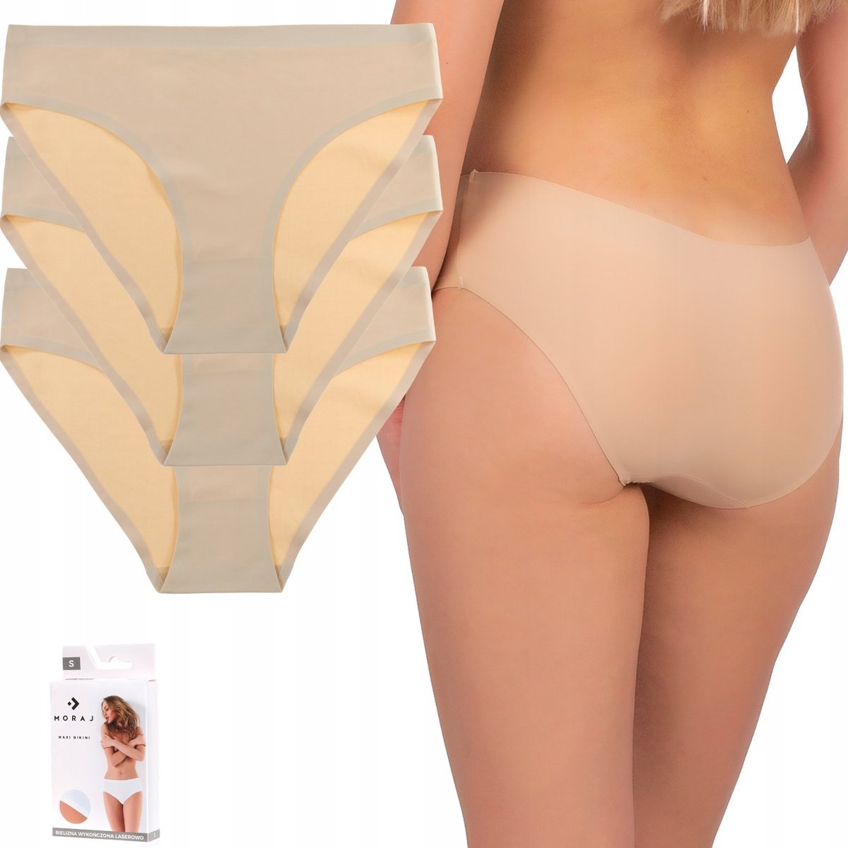 3X MAJTKI DAMSKIE BEZSZWOWE LASEROWO CIĘTE WYGODNE MINI BIKINI MORAJ M BEIGE