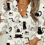 Koszule damskie - TEMU Bluzka Damska Casual z Nadrukiem Kota - Czarno-Biała Koszula z Klasycznym Kołnierzykiem, Długie Rękawy, Nieprześwitująca Tkanina na Wiosnę i , - miniaturka - grafika 1