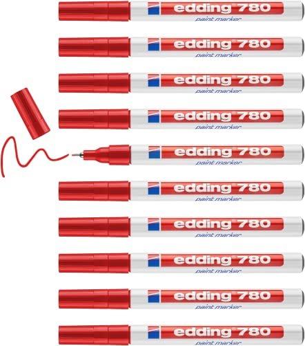 edding 780 marker malarski - czerwony - 10 długopisów - okrągła końcówka 0,8 mm - marker do etykietowania metalu, szkła, skały lub plastiku - odporny na wysokie temperatury, trwały i wodoodporny