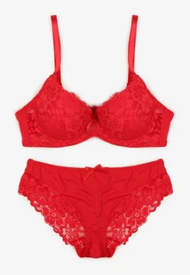 Czerwony Komplet Biustonosz i Majtki Typu Figi Ozdobiony Koronką Ezivane - Komplety bielizny - miniaturka - grafika 1