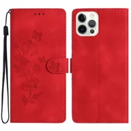 Portfele - Dla iPhone 12/12 Pro 6,1 cala Kwiatowy nadruk Odporna na wstrząsy osłona Skórzany portfel Stojak Etui na telefon komórkowy Czerwony - miniaturka - grafika 1