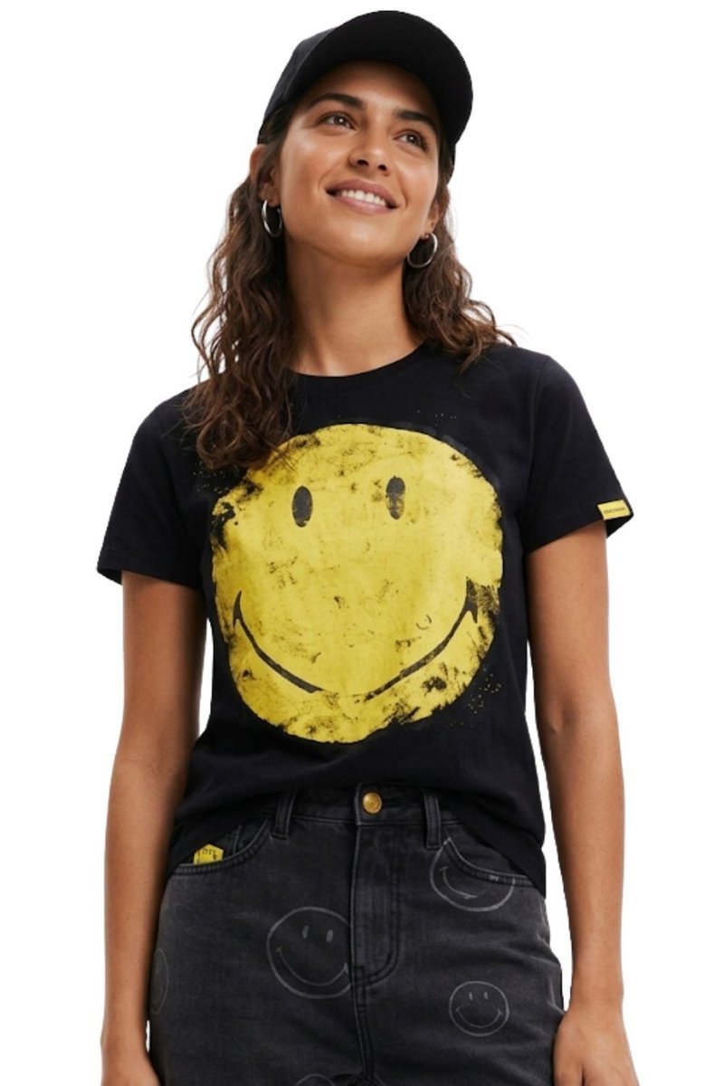 Koszulka damska Desigual Smiley Ria czarna z nadrukiem -XS