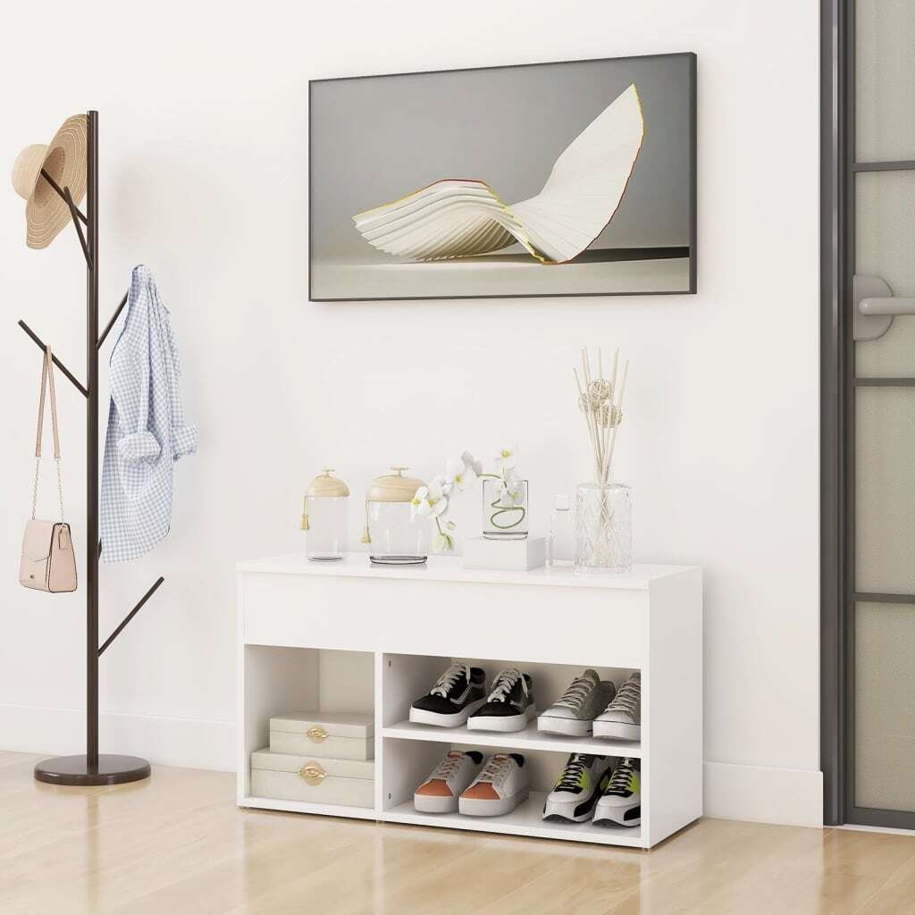 vidaXL Ławka na buty biała 80x30x45 cm Materiał drewnopochodny - Ławka na buty - Ławki na buty - Ławki do przechowywania - Ławki do przechowywania