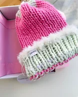 Czapki damskie - Wełniana czapka Candy handmade ręcznie robiona róż pistacja futerko - miniaturka - grafika 1