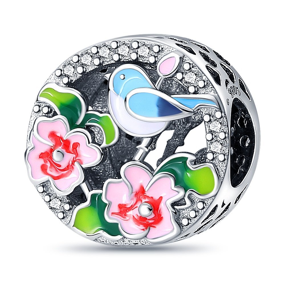 Zawieszka Charms SREBRO 925 Koralik Ptak Kwiaty