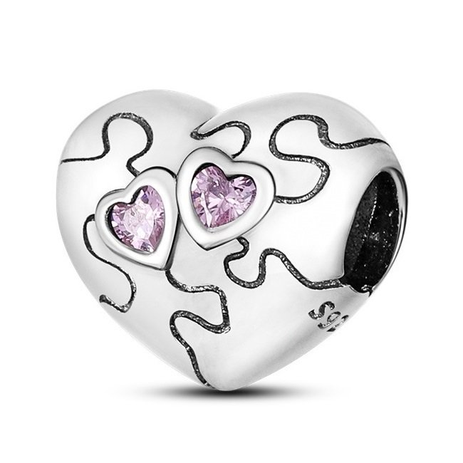 Zawieszka Charms SREBRO 925 Koralik Serce Puzzle Różowe cyrkonie