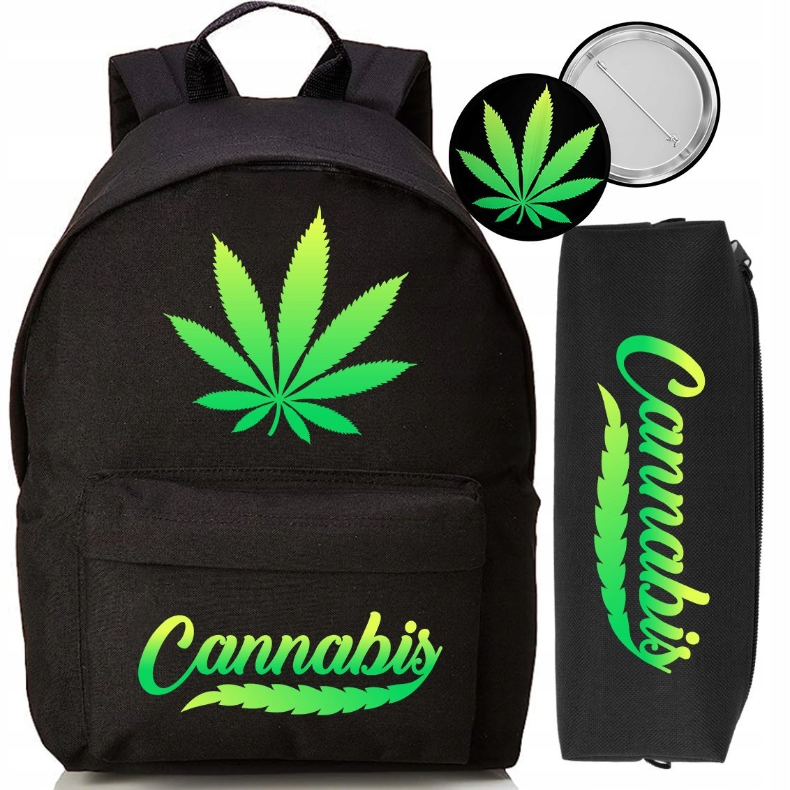 ZESTAW PLECAK CZARNY PIÓRNIK CANNABIS ZIOŁO WEED MŁODZIEŻOWE MODNE TRENDY