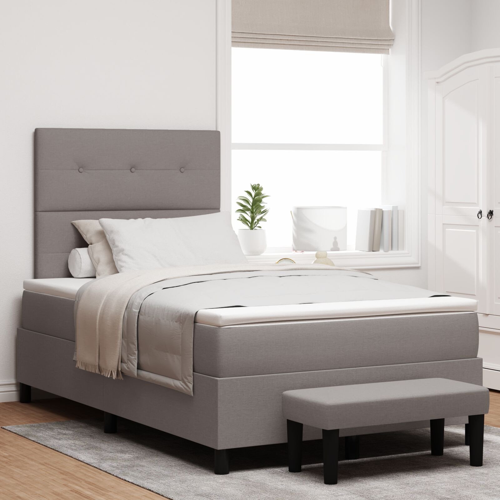 vidaXL Łóżko Box Spring z materacem i ławką Taupe 120x200 cm Tkanina