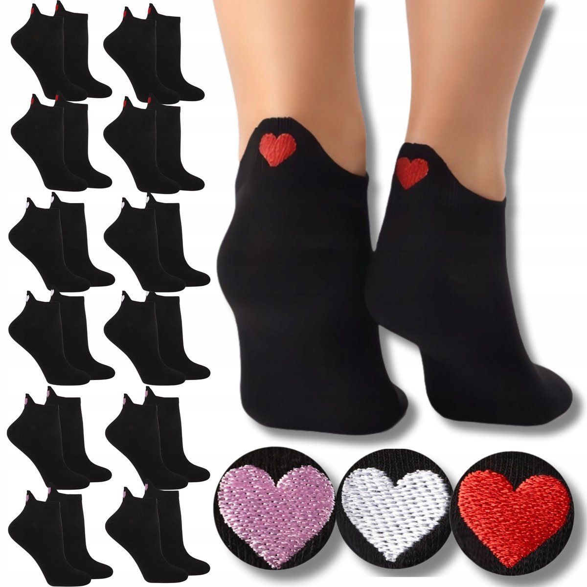 MORAJ SKARPETY STOPKI DAMSKIE BAWEŁNIANE HAFT SERCA ZESTAW 12 PAR 35-38