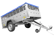Przyczepy - UNITRAILER Przyczepka jednoosiowa wywrotka do samochodu osobowego GARDEN TRAILER 230 KIPP z kołem podporowym, burtami siatkowymi i pokrowcem płaskim niebieskim na stelażu UT004479 - miniaturka - grafika 1