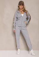 Dresy damskie - Szary Komplet Dresowy z Bluzą i Spodniami Zdobionymi Panterką Tirhiris - miniaturka - grafika 1