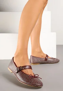 Bordowe Balerinki Typu Mary Jane z Cyrkoniami i Kokardą Luriellea - Baleriny - miniaturka - grafika 1