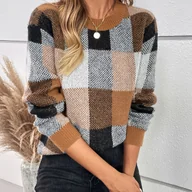 Swetry damskie - TEMU Elegancki sweter damski w kratę, jesień/, długi rękaw, okrągły dekolt, casualowy wzór w kratę, poliester, regularny krój, bez paska, bez - miniaturka - grafika 1