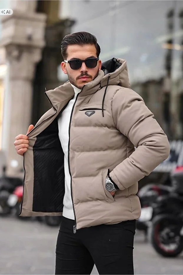 MĘSKA KURTKA PIKOWANA Z KAPTUREM W STYLU MINIMALISTYCZNYM S 5IA