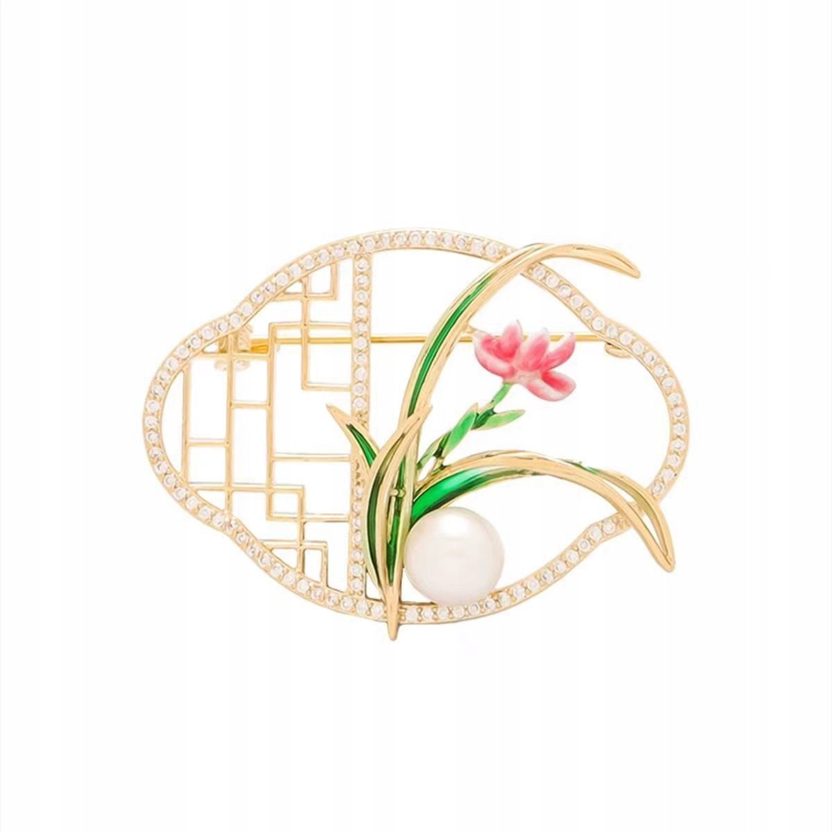 cudowna BROSZKA ozdoba do ubrań KWIAT w ramce cyrkonie PERŁA biżuteria