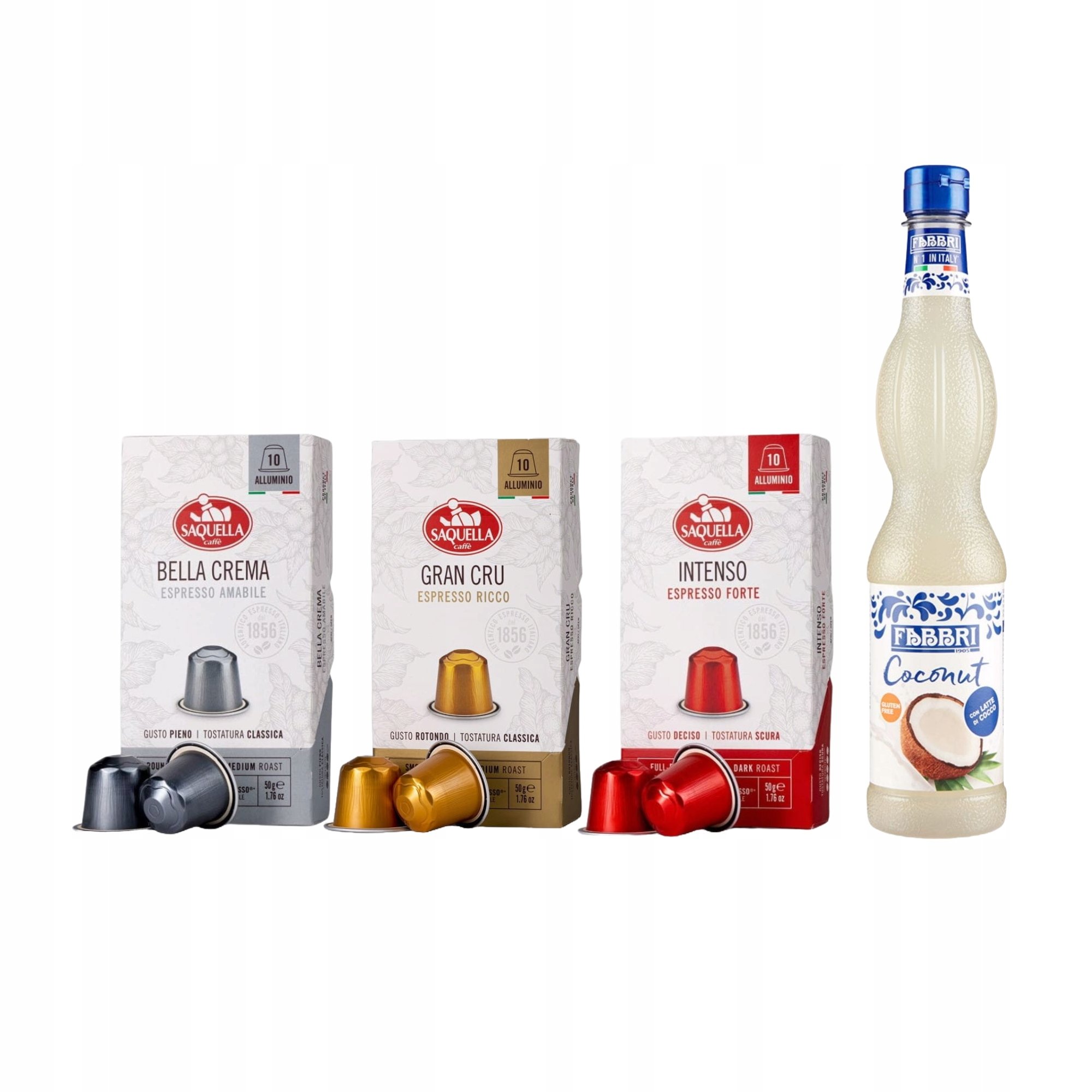 Włoska kawa w kapsułkach do Nespresso Saquella 3 smaki Syrop Kokosowy