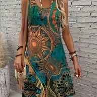 Sukienki - TEMU Bezrękawnikowa Sukienka A-Line dla Kobiet - Turkusowo-Zielona i Pomarańczowa, Letnia Sukienka na Imprezę o Średniej Długości, Pranie Maszynowe, - miniaturka - grafika 1