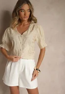 Koszule damskie - Jasnobeżowa Koszula z Bawełny Ozdobiona Haftem i Srebrną Nicią Wilaravia - miniaturka - grafika 1