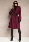 Płaszcze damskie - Ciemnofioletowy Długi Płaszcz Wiązany w Talii Materiałowym Pasiem z Ozodobnymi Guzikami na Rękawach Thakore - miniaturka - grafika 1