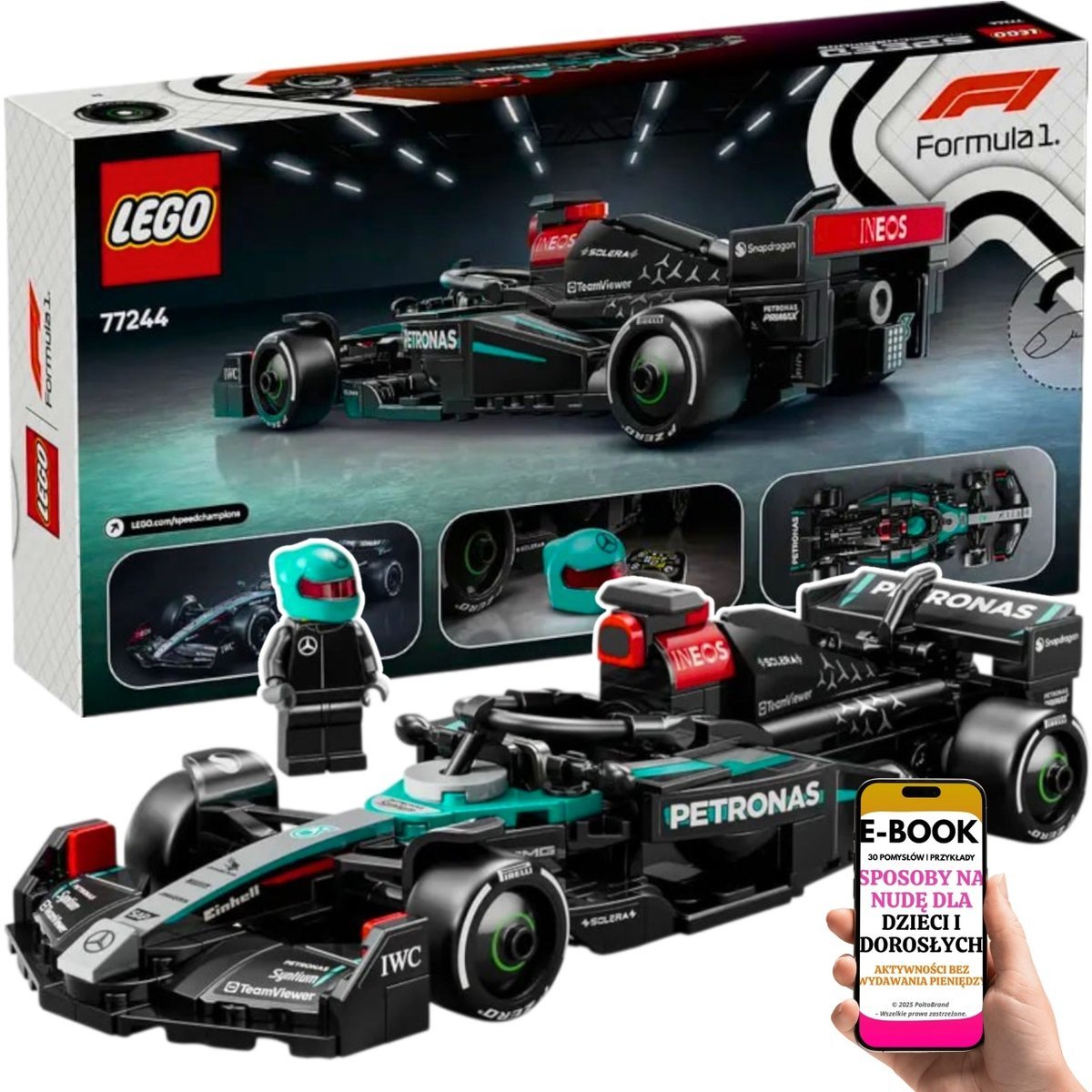 PREZENT URODZINOWY DLA DZIECKA 10+ – LEGO Speed Champions 77244 Bolid F1 Mercedes-AMG PETRONAS Zbuduj i Ścigaj Się + EBOOK-3