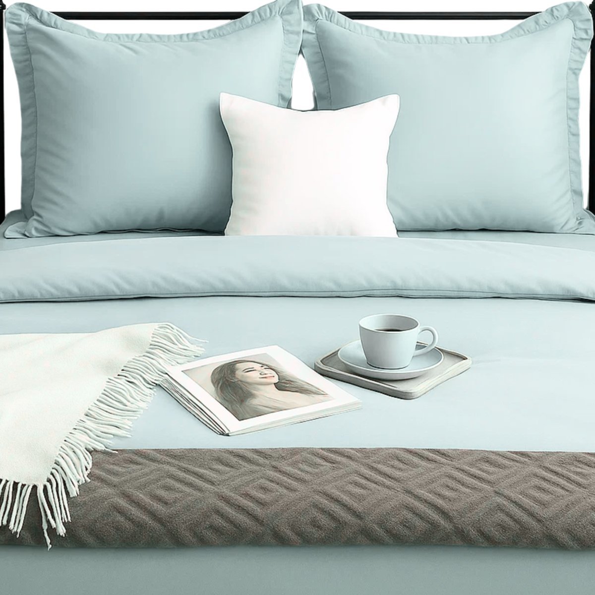 Zielona Szałwiowa Pościel Ruffy 100% Bawełna 160x200 +2 Poszewki z Falbanką