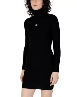 Sukienki - Calvin Klein Jeans Damska sukienka swetrowa z zawijanym dekoltem, Czarny, XXL - grafika 1