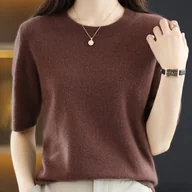 Swetry damskie - TEMU Damska Bluzka z Krótkim Rękawem na Wiosnę, i Jesień – Jednokolorowa Koszulka z Okrągłym Dekoltem, Idealna na Codzienność i Biuro – Średnio - miniaturka - grafika 1