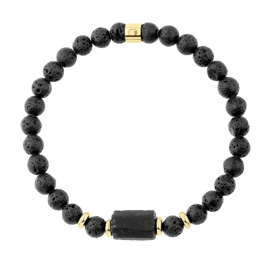 Bransoletka Męska z bryłą turmalinu i czarnymi kamieniami lawy.