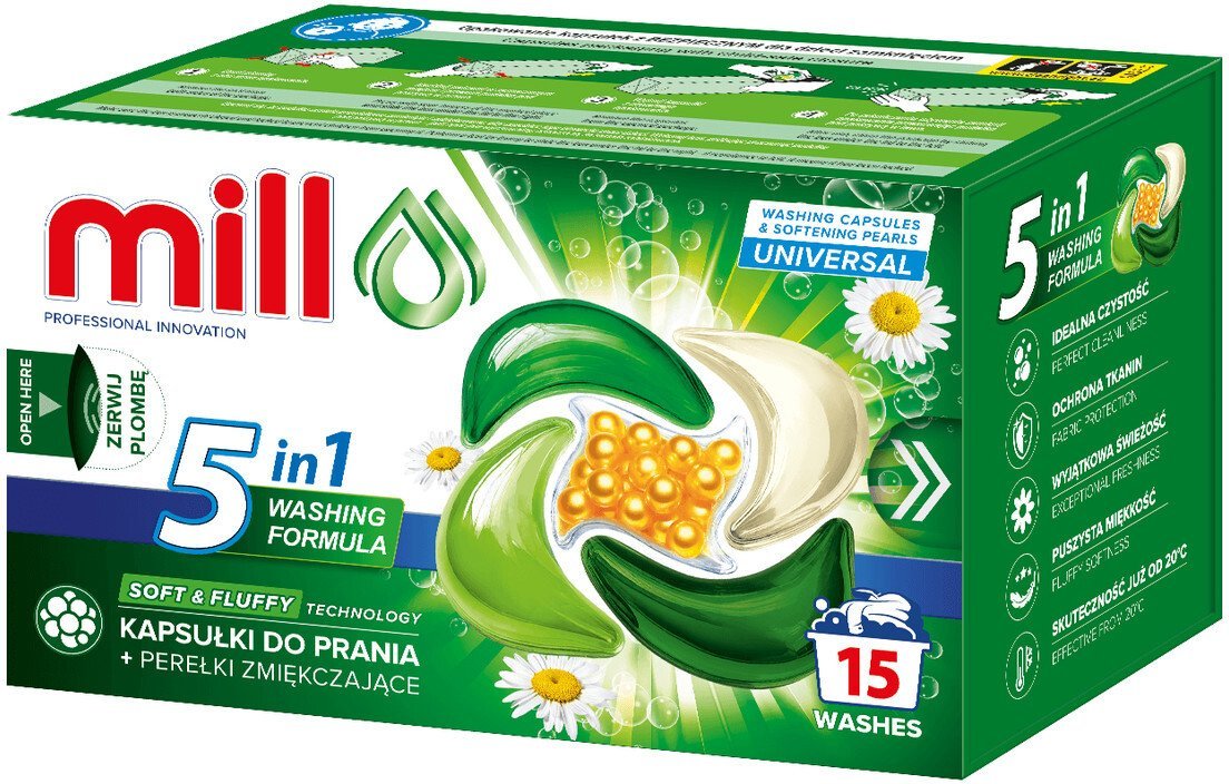 Mill Mill Universal Kapsułki do prania + perełki zmiękczające 15 szt.