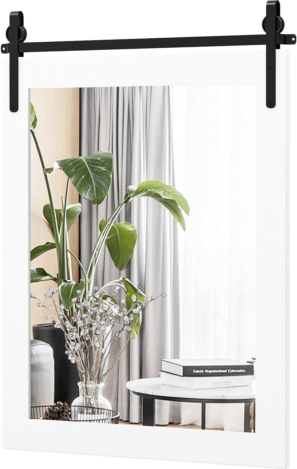 COSTWAY Prostokątne lustro z drewnianą ramą, 76,5 x 56 cm, rustykalne lustro ścienne, nietłukące lustro wiszące z metalowym uchwytem, do przedpokoju, salonu, sypialni (białe)
