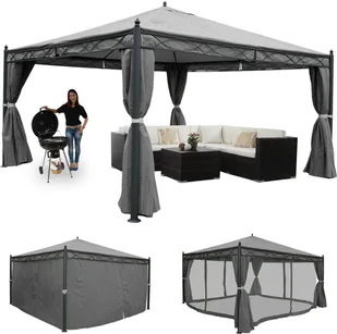 Pergola Cadiz, pawilon ogrodowy, solidna rama 7 cm ze ścianą boczną + moskitiera ~ szary 4x4m - Moskitiery - miniaturka - grafika 1