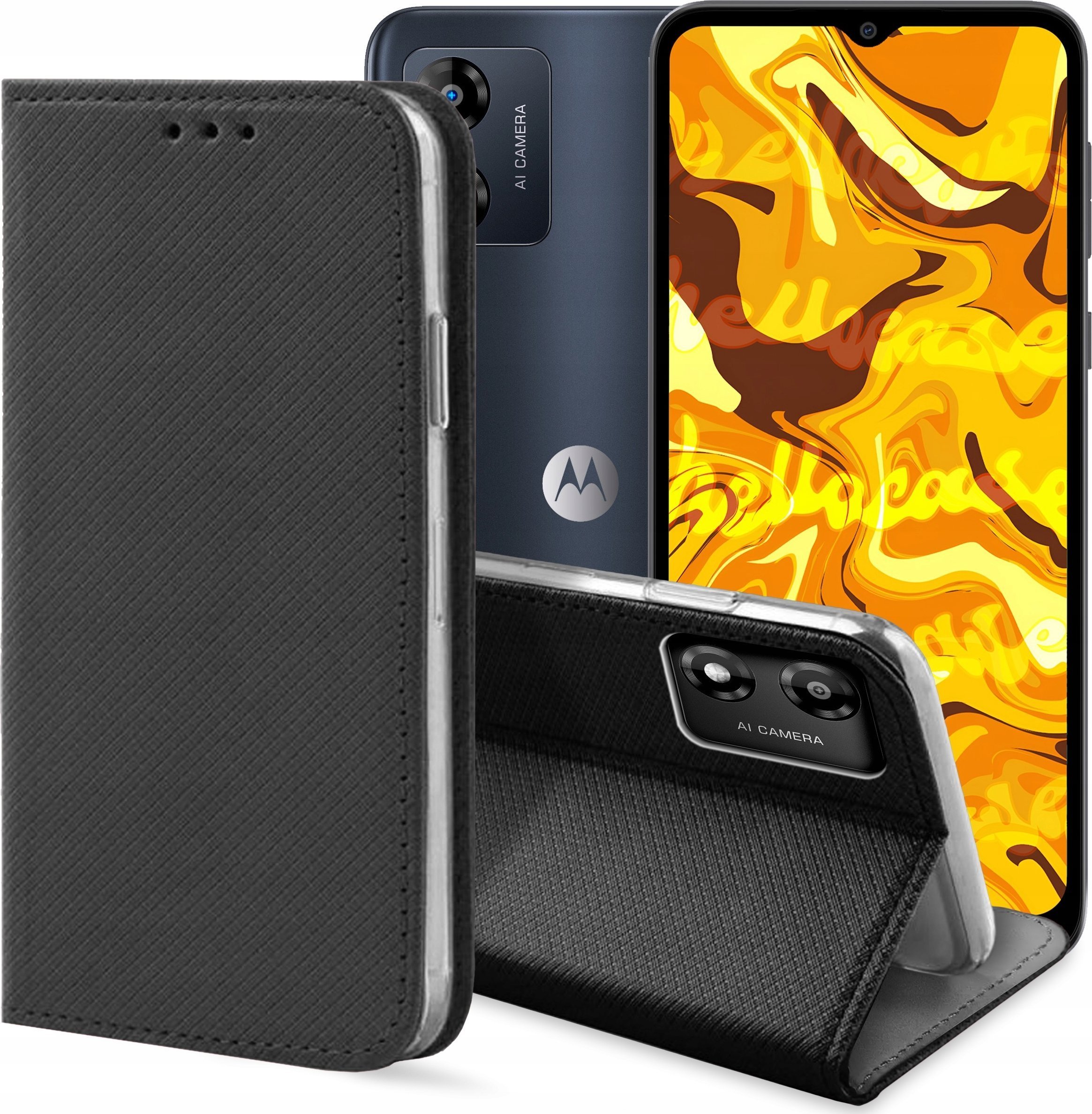 Hello Case ETUI Z KLAPKĄ DO MOTOROLA MOTO E13 CZARNE ZAMYKANE MAGNETYCZNE KABURA FLIP